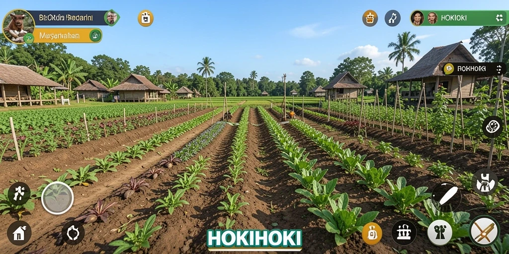Screenshot gameplay HOKIHOKI menampilkan pertanian yang indah dan hewan menggemaskan.