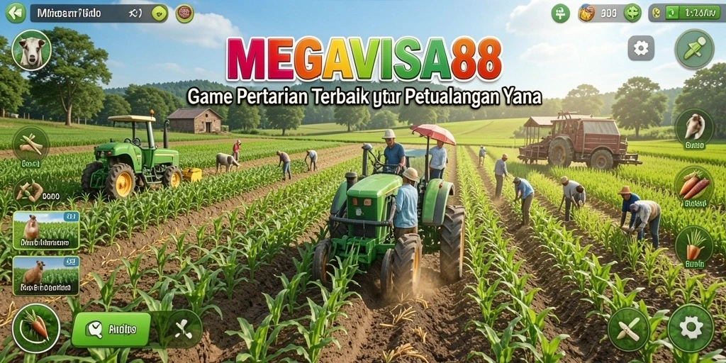 Tampilan gameplay <strong>MEGAVISA88</strong> yang menampilkan kebun yang subur dan aktivitas bertani.